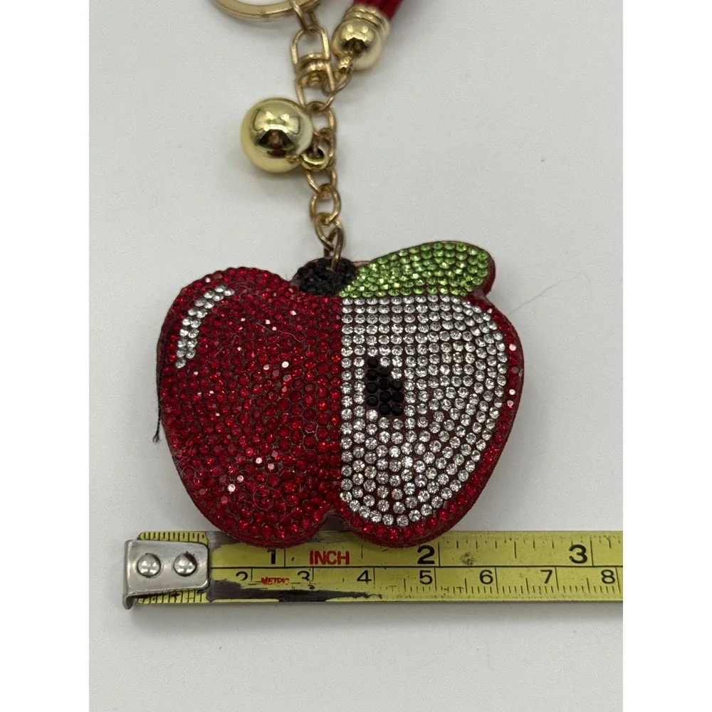 Rhinestone Apple Keychain Red Bag Charm Tassel Gold Tone Key Ring